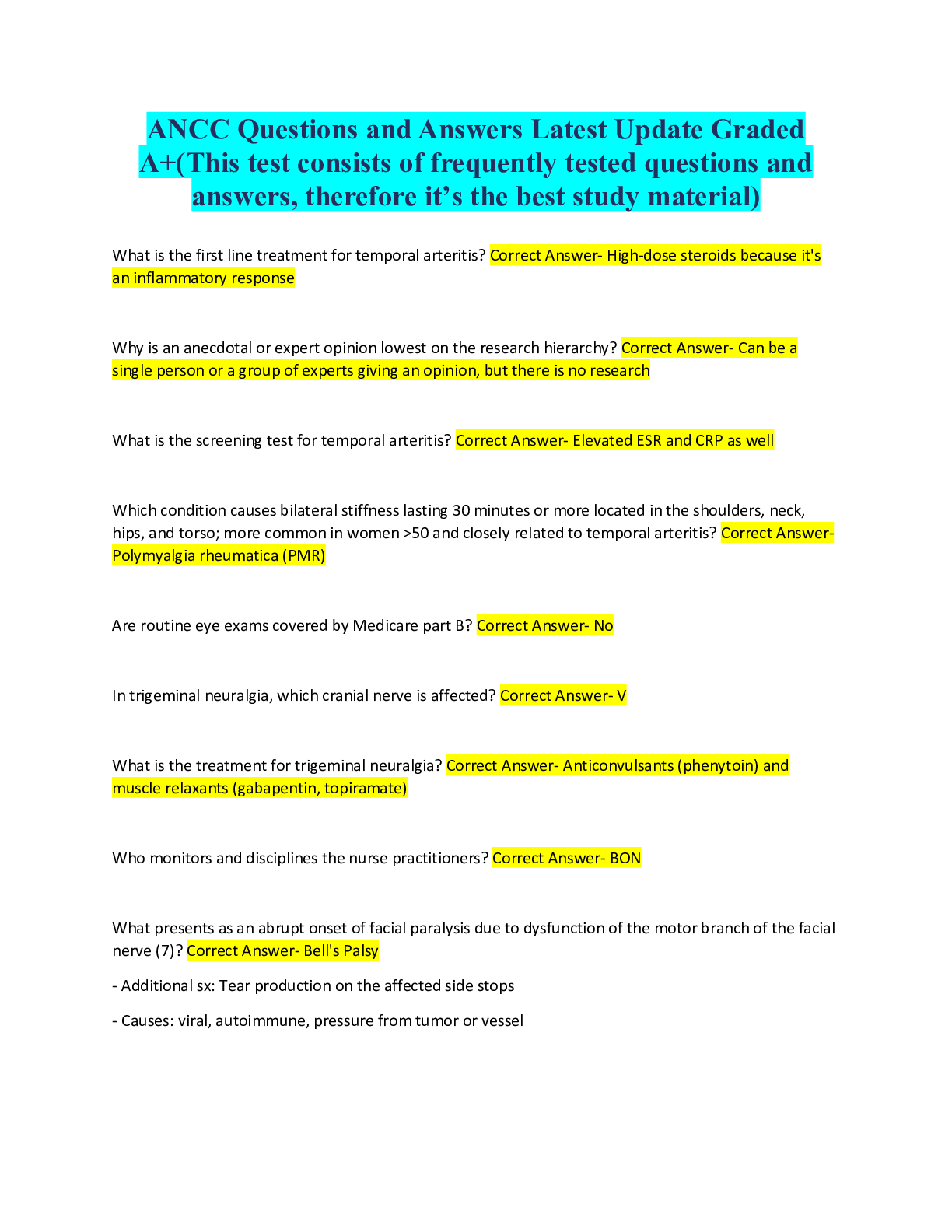 Preview image for ANCC Questions and Answers Latest Update Graded A+(This test consists of frequently tested questions and answers, therefore it’s the best study material)
